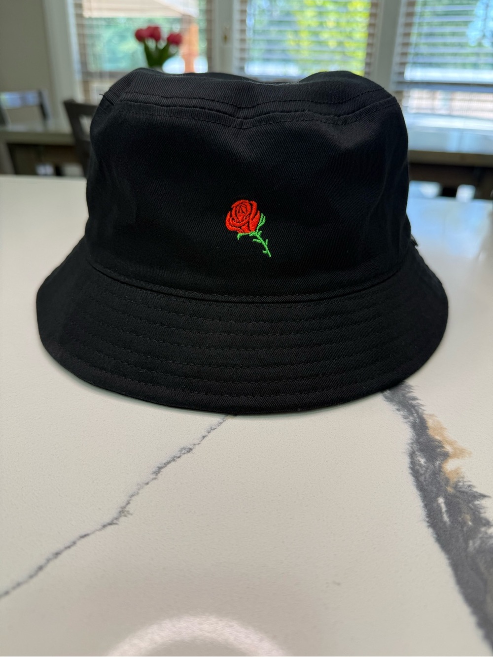 Empyre Retro Y2K Bucket Hat Unisex OS Black Embroidered Rose Cotton Cap Skater